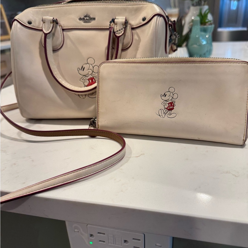 Coach Cream and Red Mickey Mouse Satchel and Wallet